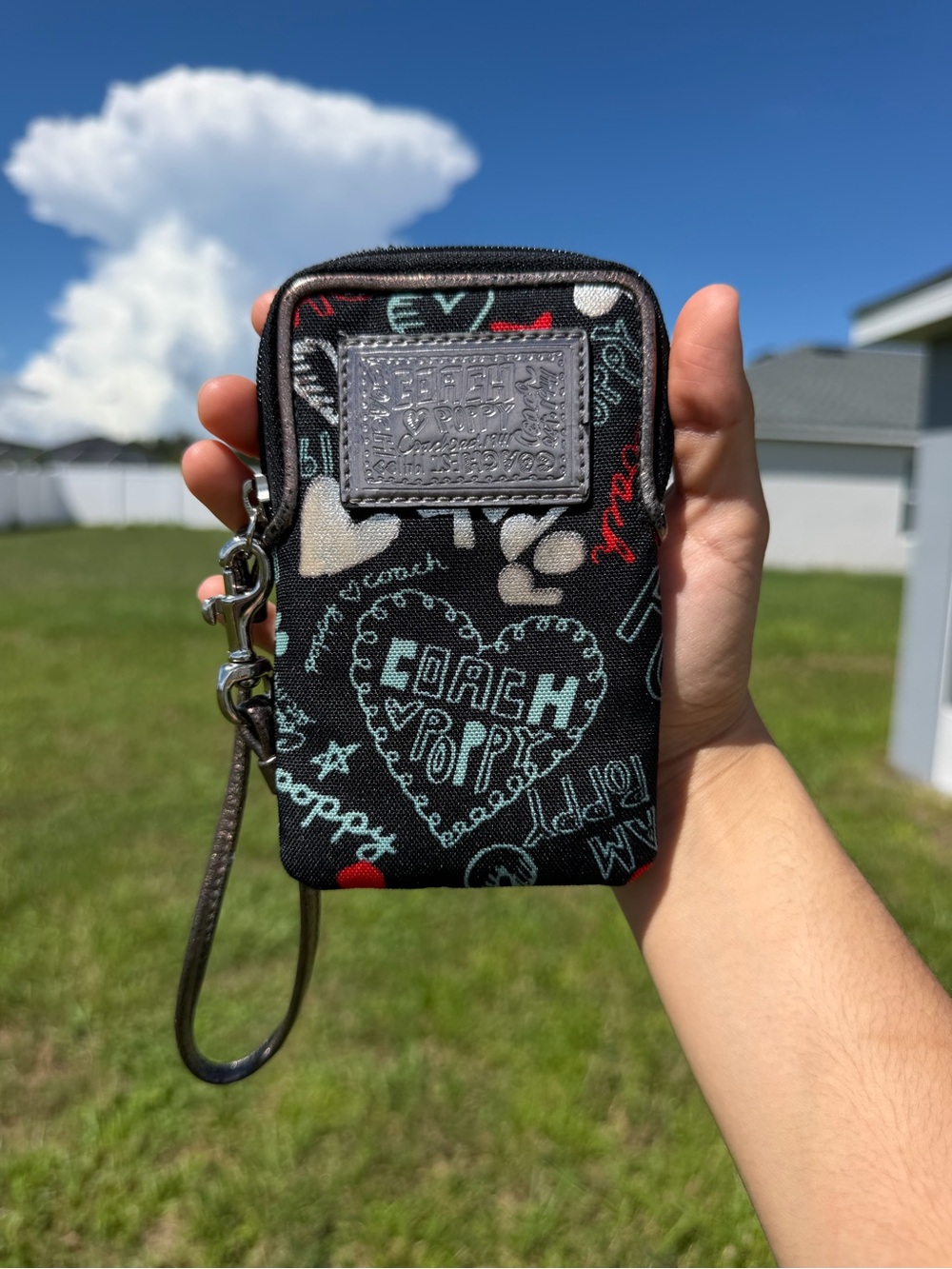 Coach Black Graphic Wristlet Pouch with Teal & Red Accents